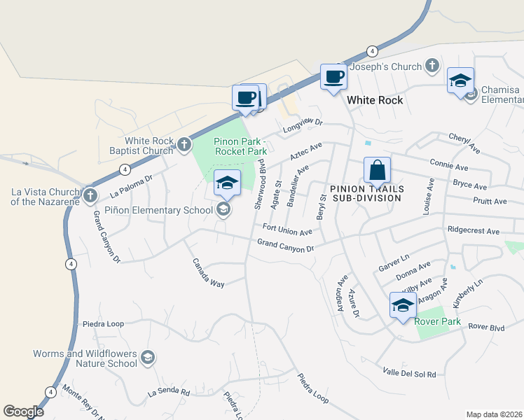 map of restaurants, bars, coffee shops, grocery stores, and more near 115 Sherwood Blvd in Los Alamos