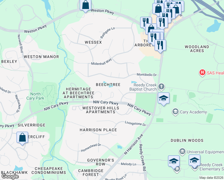 map of restaurants, bars, coffee shops, grocery stores, and more near 328 Silverberry Court in Cary