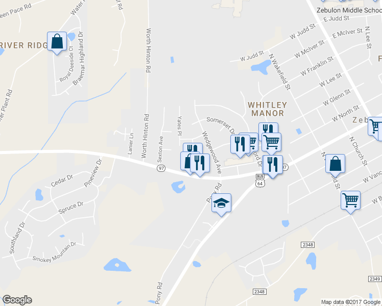 map of restaurants, bars, coffee shops, grocery stores, and more near 617 Devon Place in Zebulon