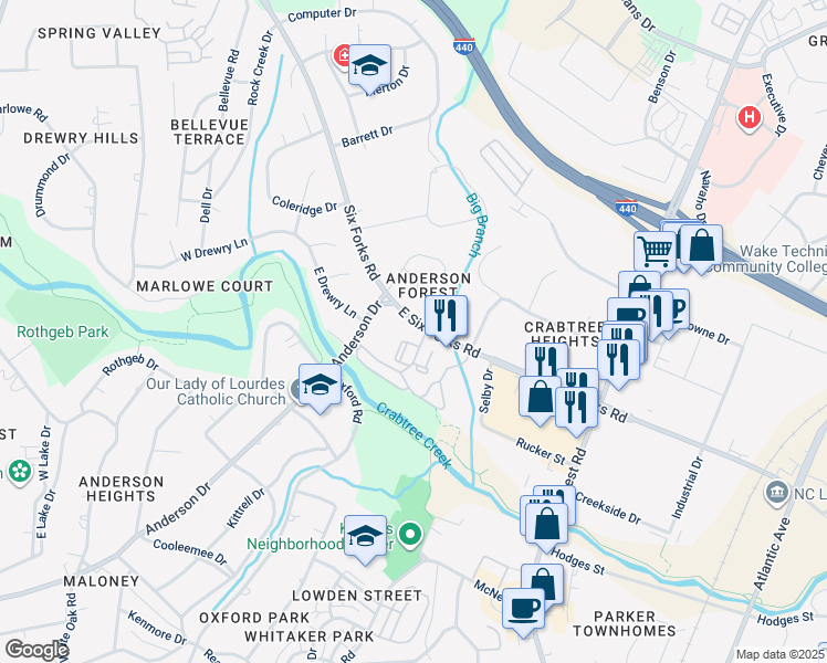 map of restaurants, bars, coffee shops, grocery stores, and more near 2841 Manorcrest Court in Raleigh