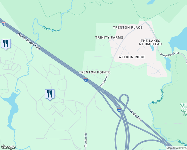 map of restaurants, bars, coffee shops, grocery stores, and more near Trenton Park Lane in Raleigh