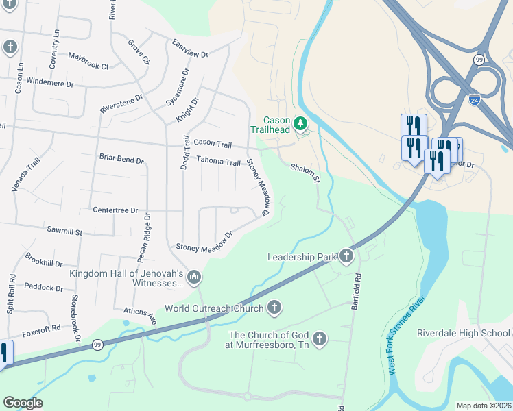 map of restaurants, bars, coffee shops, grocery stores, and more near 2020 Stoney Meadow Drive in Murfreesboro