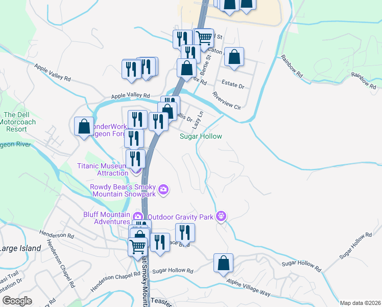 map of restaurants, bars, coffee shops, grocery stores, and more near 2036 Center Road in Pigeon Forge