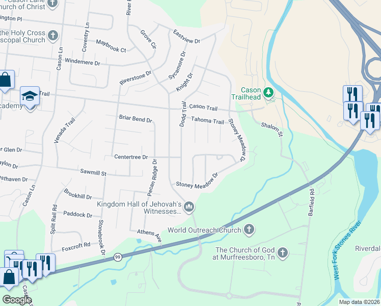 map of restaurants, bars, coffee shops, grocery stores, and more near 1605 Dodd Trail in Murfreesboro