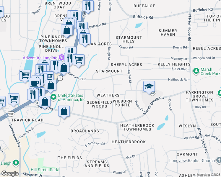 map of restaurants, bars, coffee shops, grocery stores, and more near 2921 Mars Street in Raleigh