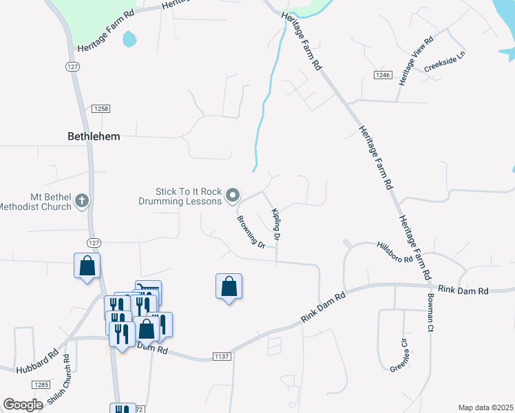 map of restaurants, bars, coffee shops, grocery stores, and more near 108 Frost Lane in Taylorsville
