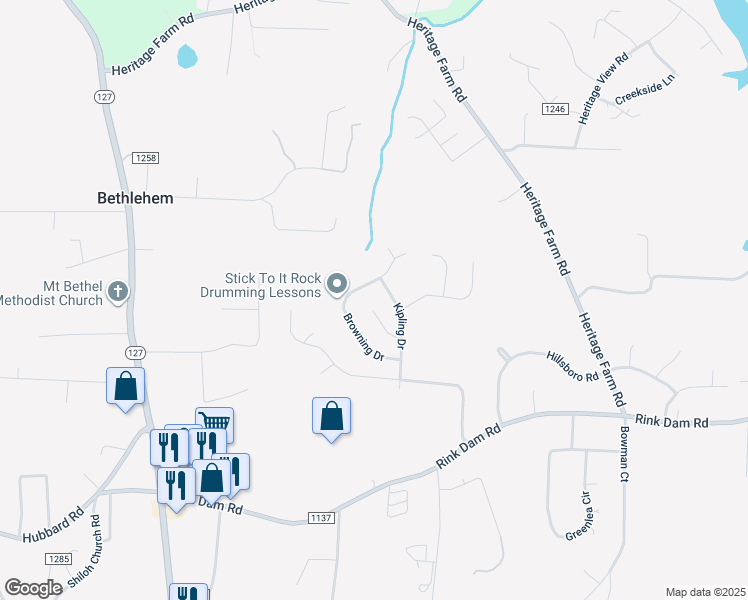 map of restaurants, bars, coffee shops, grocery stores, and more near 108 Frost Lane in Taylorsville