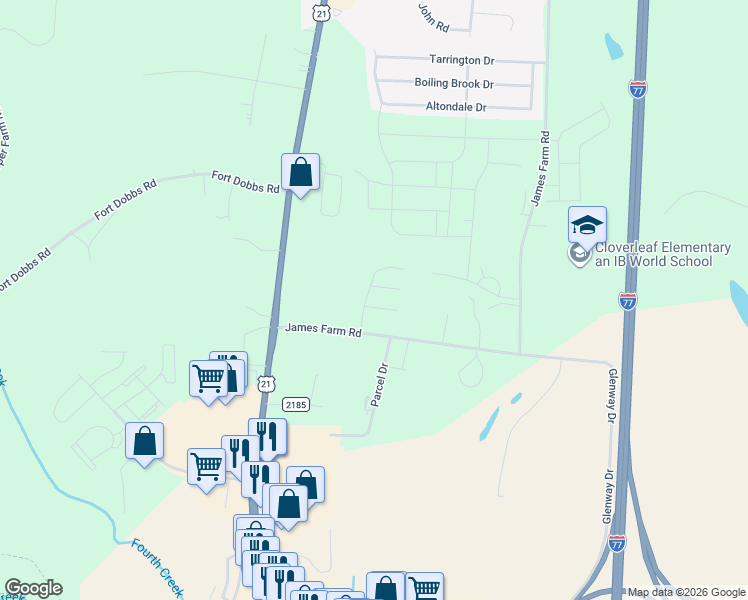 map of restaurants, bars, coffee shops, grocery stores, and more near 163 James Farm Road in Statesville