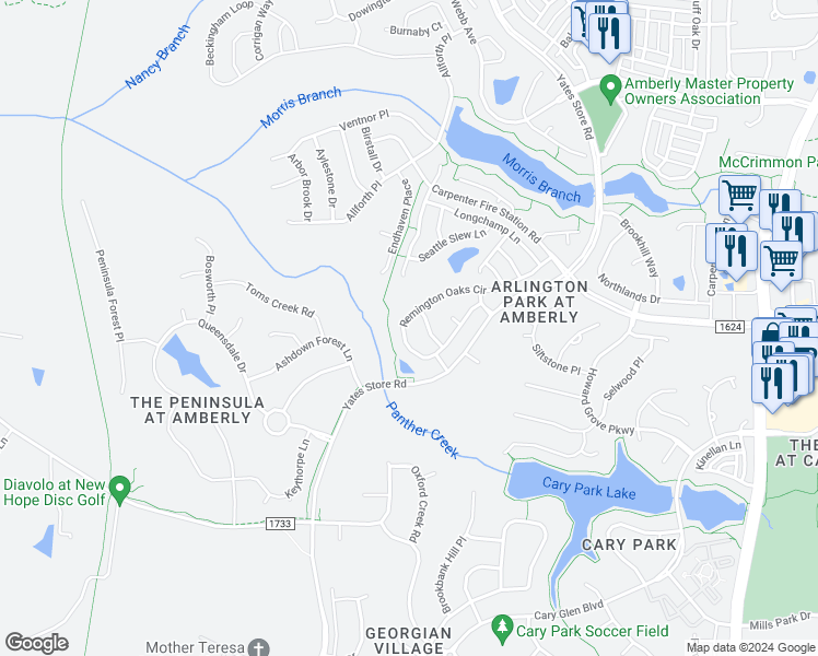 map of restaurants, bars, coffee shops, grocery stores, and more near 3019 Remington Oaks Circle in Cary