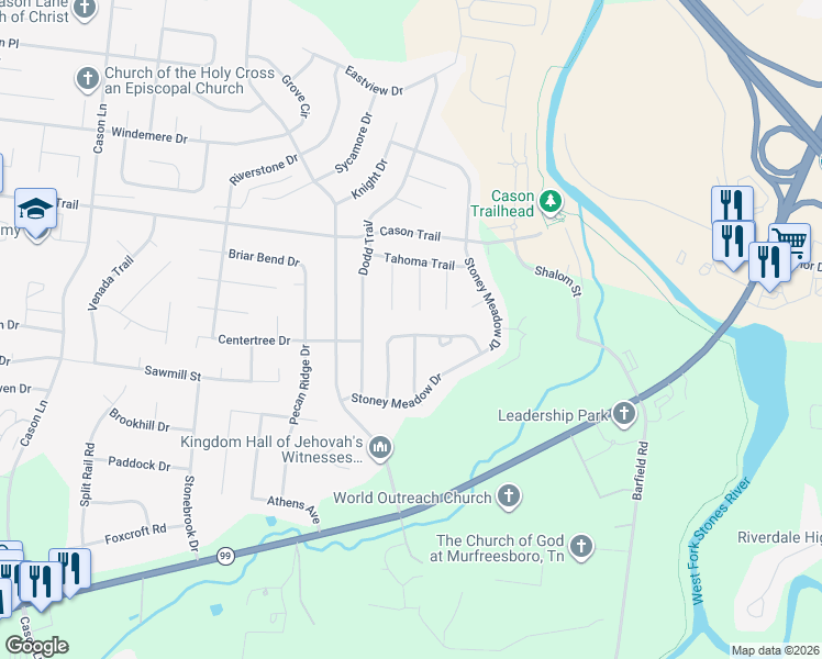 map of restaurants, bars, coffee shops, grocery stores, and more near 1610 Allston Drive in Murfreesboro