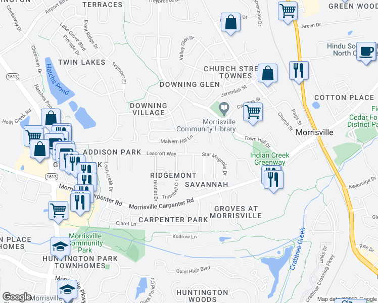 map of restaurants, bars, coffee shops, grocery stores, and more near 508 Star Magnolia Drive in Morrisville