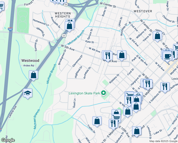 map of restaurants, bars, coffee shops, grocery stores, and more near 703 Archdale Drive in Lexington