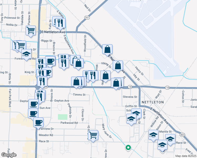 map of restaurants, bars, coffee shops, grocery stores, and more near 3514 Galaxy Street in Jonesboro