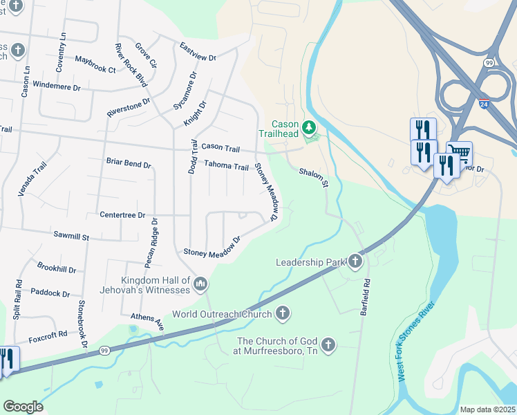 map of restaurants, bars, coffee shops, grocery stores, and more near 1418 Beaconcrest Circle in Murfreesboro