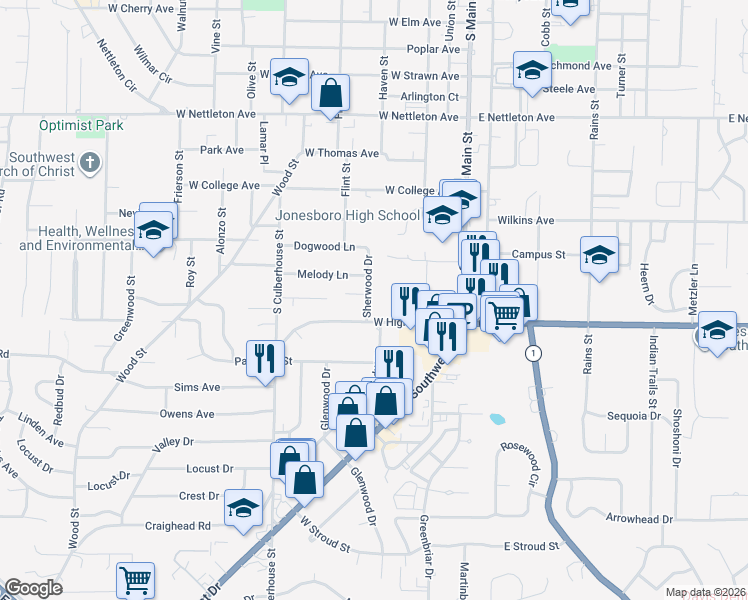 map of restaurants, bars, coffee shops, grocery stores, and more near 1920 Sherwood Drive in Jonesboro
