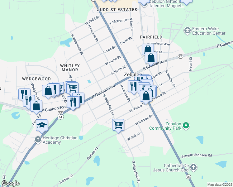 map of restaurants, bars, coffee shops, grocery stores, and more near 211 West Sycamore Street in Zebulon