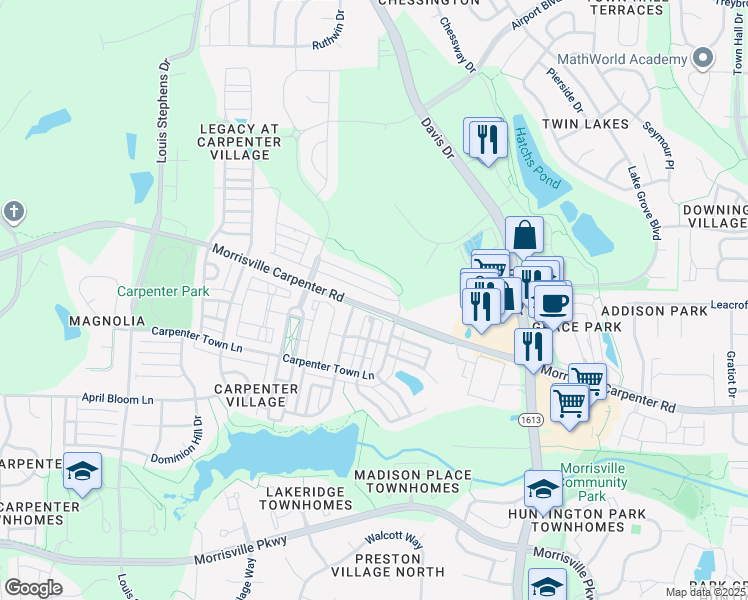 map of restaurants, bars, coffee shops, grocery stores, and more near 107 Potomac Grove Place in Cary