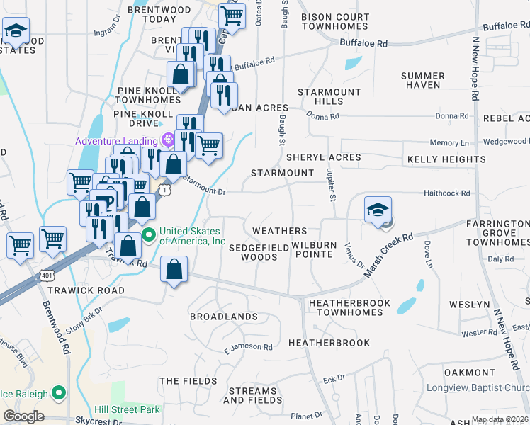 map of restaurants, bars, coffee shops, grocery stores, and more near 3314 Swinford Court in Raleigh