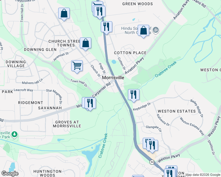 map of restaurants, bars, coffee shops, grocery stores, and more near 10123 Chapel Hill Road in Morrisville