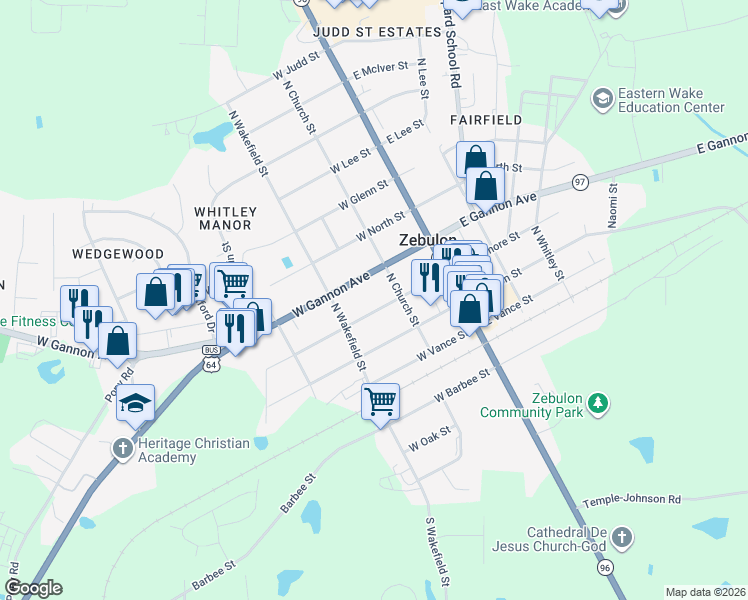 map of restaurants, bars, coffee shops, grocery stores, and more near 211 West Sycamore Street in Zebulon