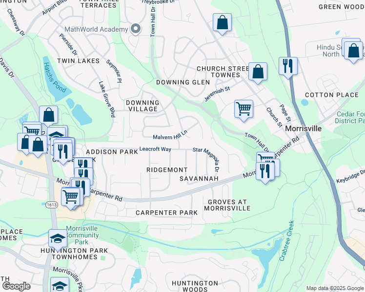 map of restaurants, bars, coffee shops, grocery stores, and more near 508 Star Magnolia Drive in Morrisville