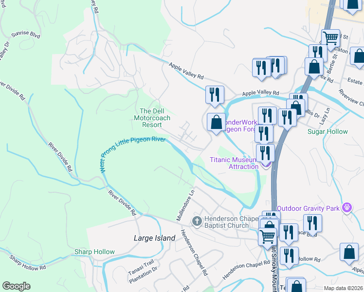 map of restaurants, bars, coffee shops, grocery stores, and more near 460 Lonesome Valley Road in Sevierville