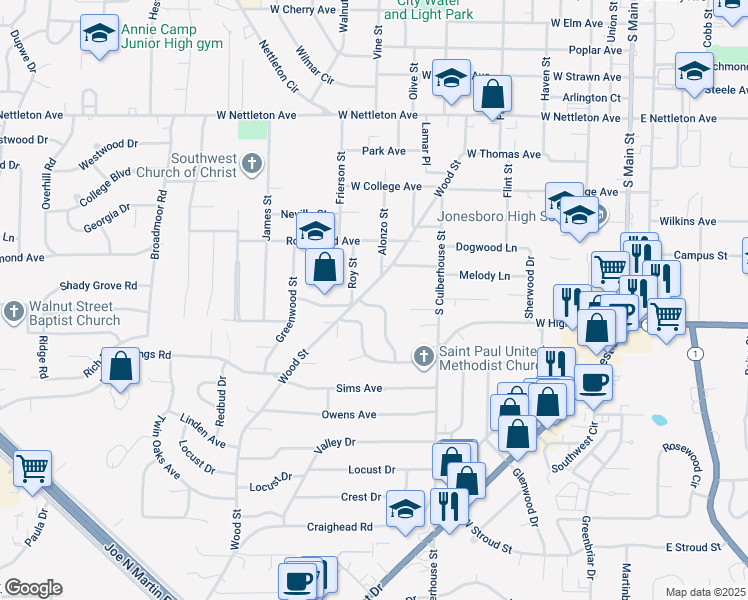 map of restaurants, bars, coffee shops, grocery stores, and more near 844 Parkview Street in Jonesboro