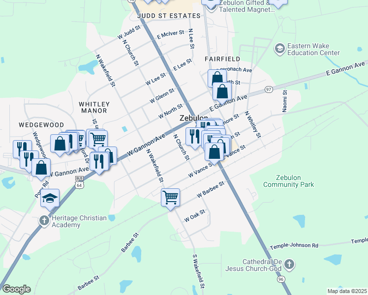 map of restaurants, bars, coffee shops, grocery stores, and more near 119 West Sycamore Street in Zebulon