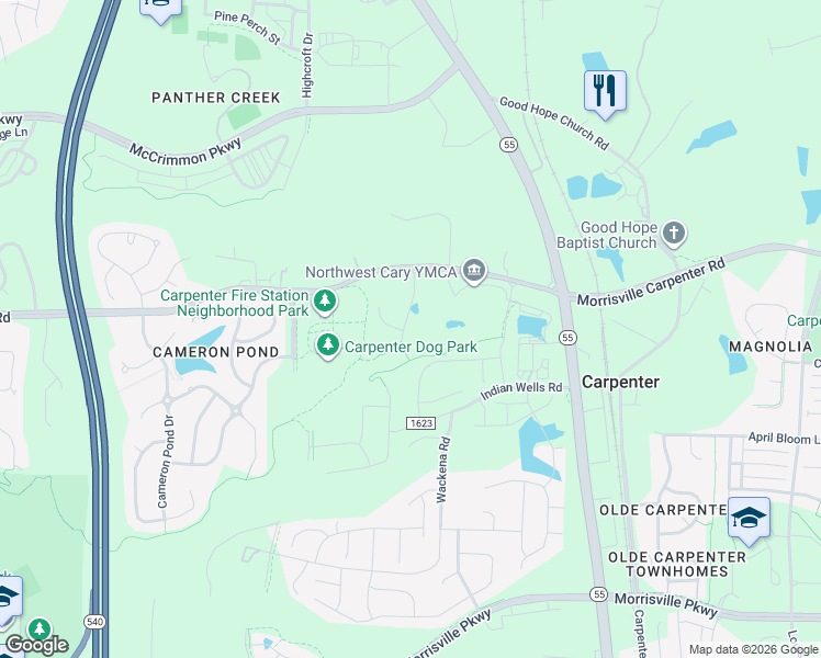 map of restaurants, bars, coffee shops, grocery stores, and more near 8053 Windthorn Place in Cary