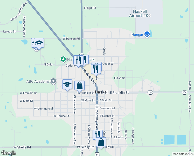 map of restaurants, bars, coffee shops, grocery stores, and more near 112 East Elm Street in Haskell