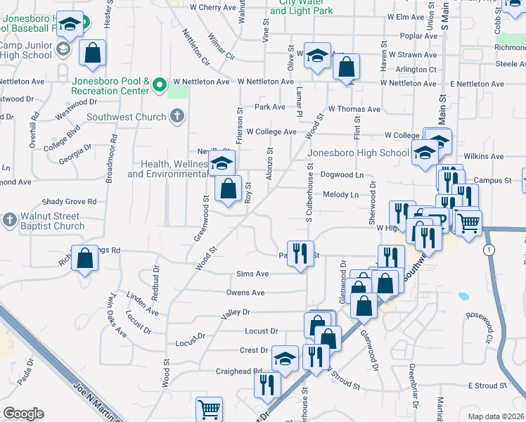 map of restaurants, bars, coffee shops, grocery stores, and more near 1822 Roy Street in Jonesboro