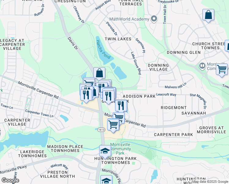 map of restaurants, bars, coffee shops, grocery stores, and more near 1313 Alemany Street in Morrisville