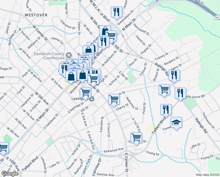 map of restaurants, bars, coffee shops, grocery stores, and more near 201 North Pine Street in Lexington