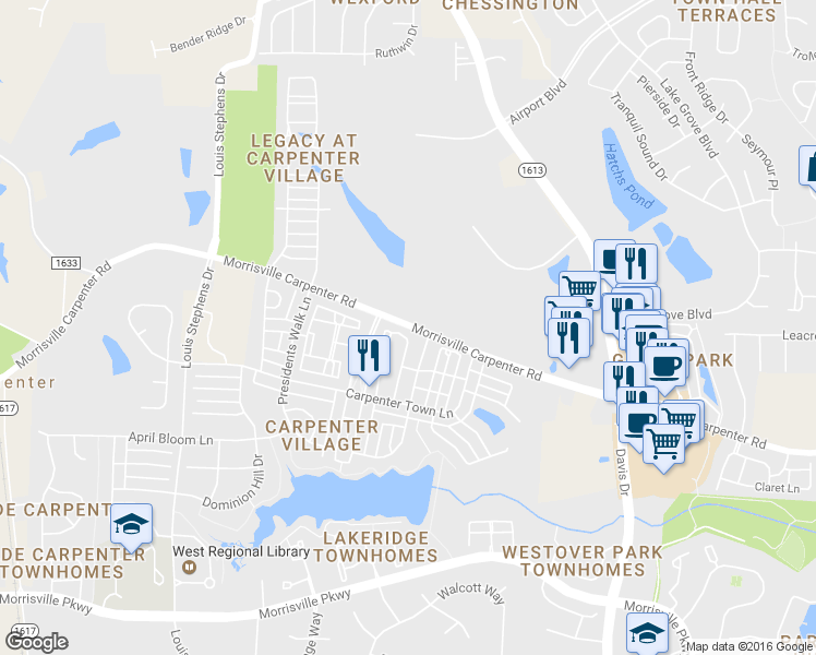 map of restaurants, bars, coffee shops, grocery stores, and more near 1372 Morrisville Carpenter Rd in Cary