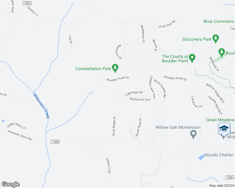map of restaurants, bars, coffee shops, grocery stores, and more near 282 Logbridge Road in Chapel Hill