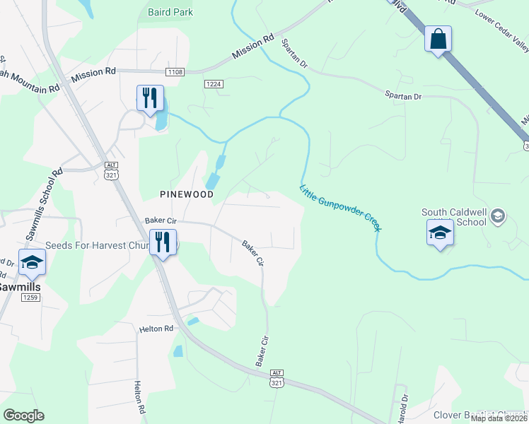 map of restaurants, bars, coffee shops, grocery stores, and more near 2665 Blackburn Court in Granite Falls