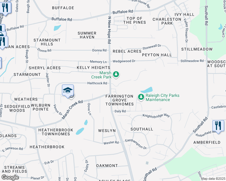 map of restaurants, bars, coffee shops, grocery stores, and more near 4113 Wyrick Court in Raleigh