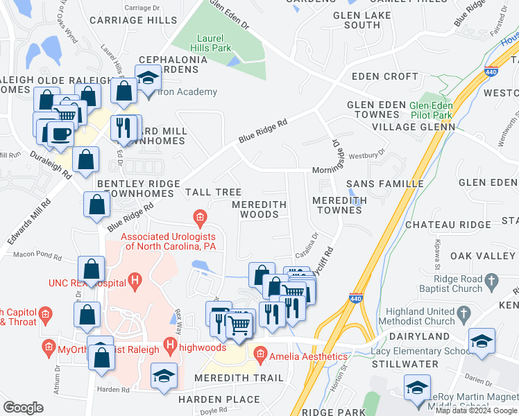 map of restaurants, bars, coffee shops, grocery stores, and more near 2905 Augusta Court in Raleigh