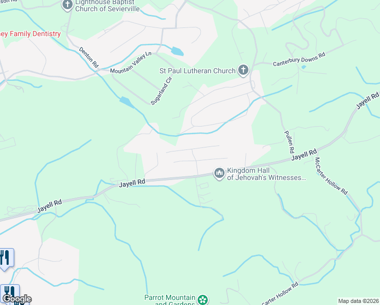map of restaurants, bars, coffee shops, grocery stores, and more near 1229 Old Jayell Road in Sevierville