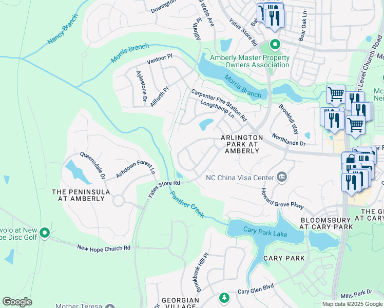map of restaurants, bars, coffee shops, grocery stores, and more near 709 Delta Downs Drive in Cary