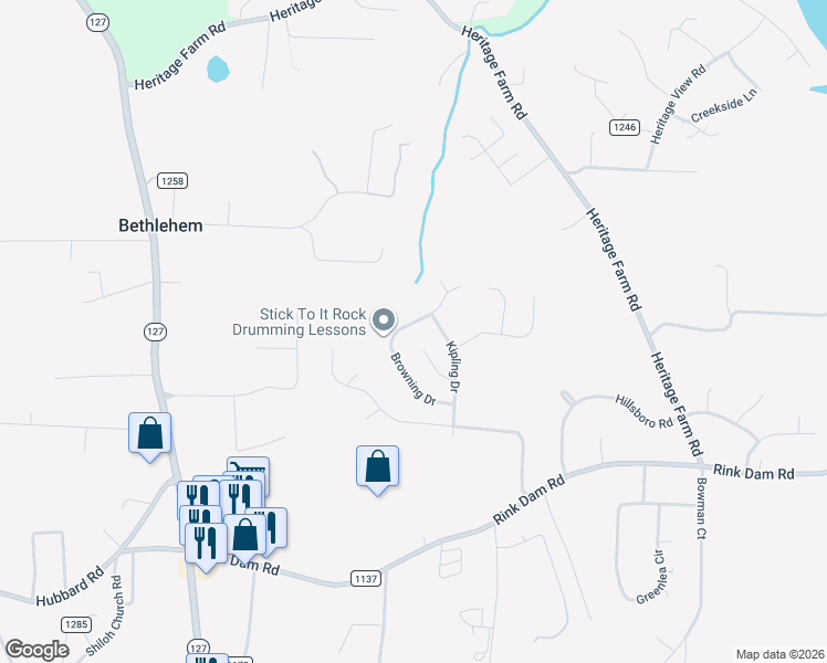 map of restaurants, bars, coffee shops, grocery stores, and more near 244 Browning Drive in Township of Taylorsville