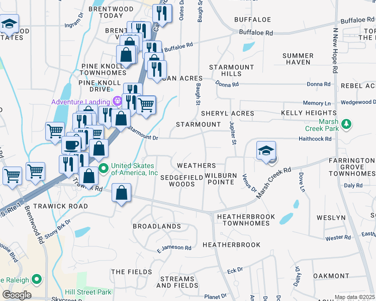 map of restaurants, bars, coffee shops, grocery stores, and more near 3335 Swinford Court in Raleigh