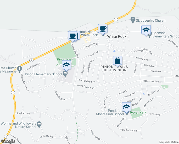 map of restaurants, bars, coffee shops, grocery stores, and more near 123 Bandelier Ave in Los Alamos