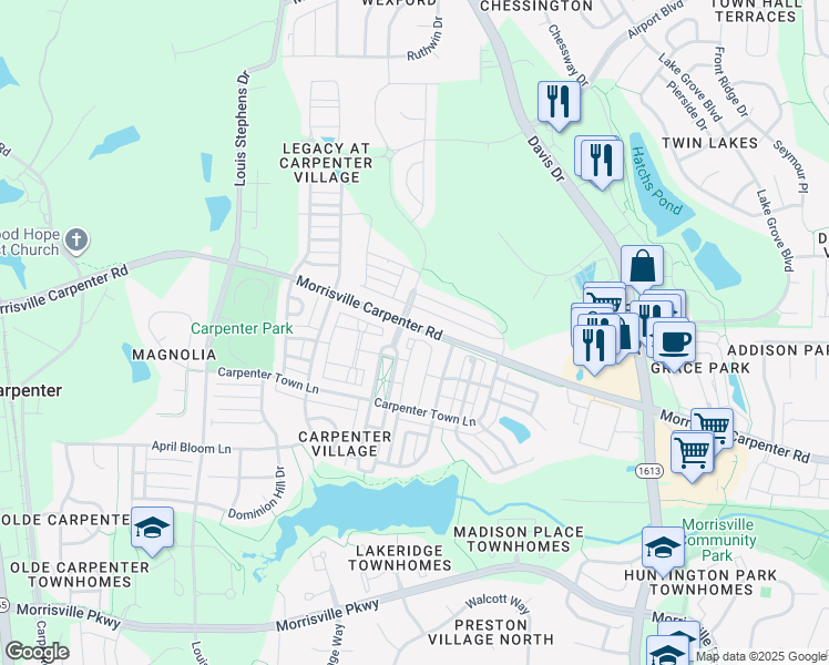 map of restaurants, bars, coffee shops, grocery stores, and more near 1200 Gathering Park Circle in Cary
