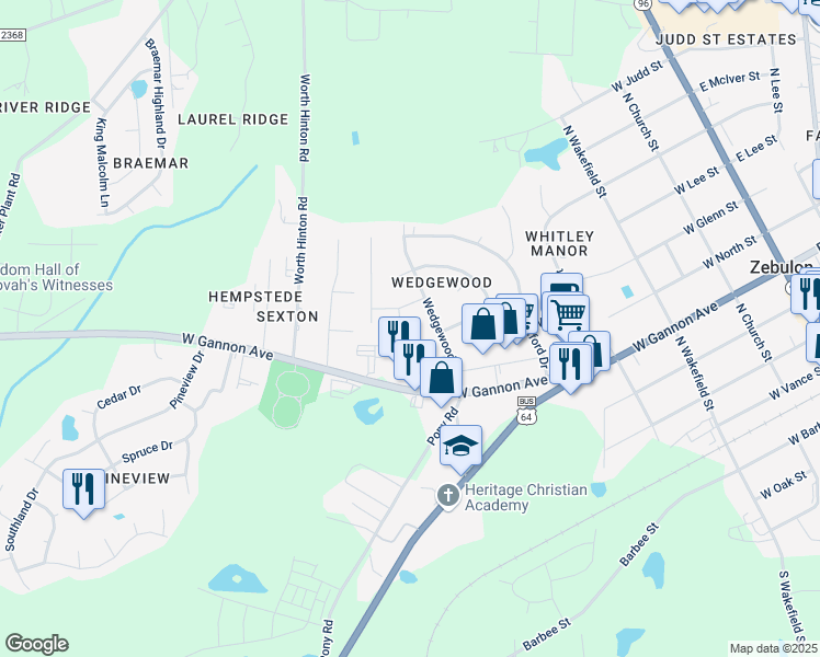 map of restaurants, bars, coffee shops, grocery stores, and more near 609 Devon Place in Zebulon
