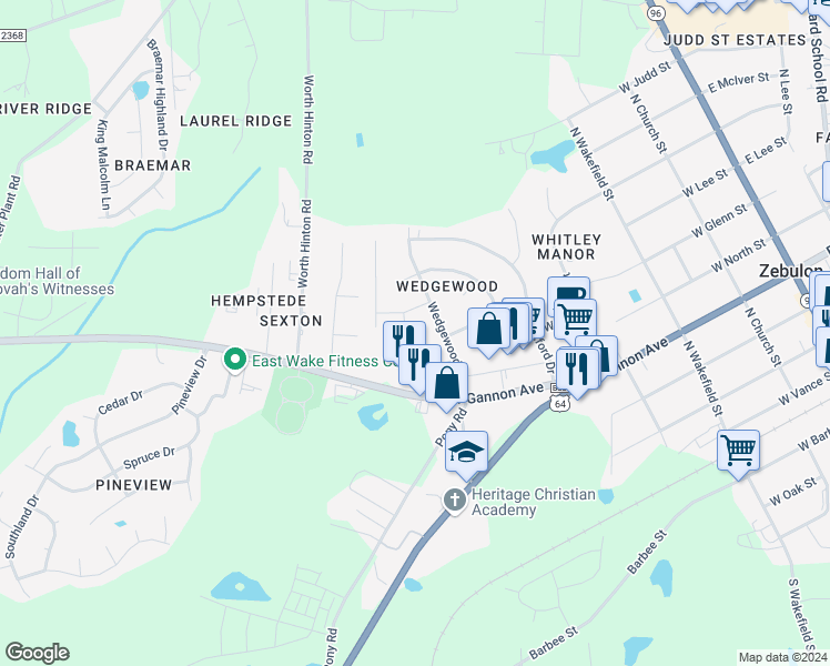 map of restaurants, bars, coffee shops, grocery stores, and more near 609 Devon Place in Zebulon