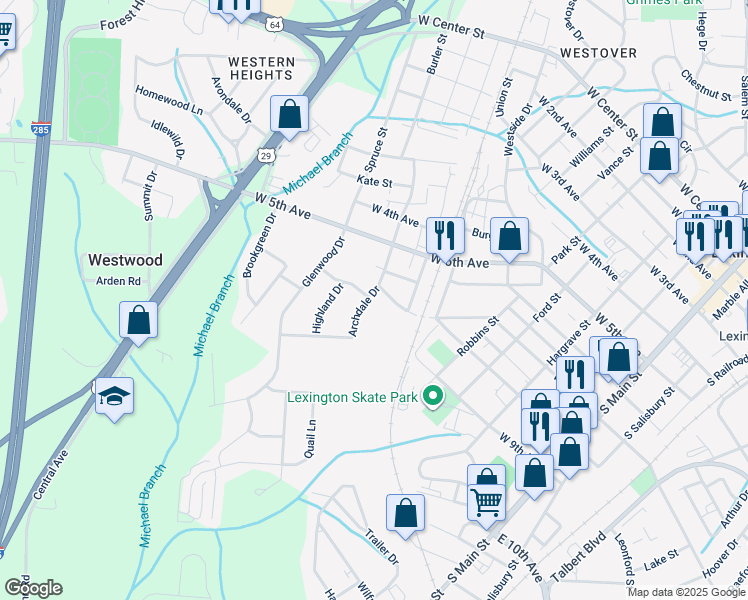 map of restaurants, bars, coffee shops, grocery stores, and more near 703 Archdale Drive in Lexington