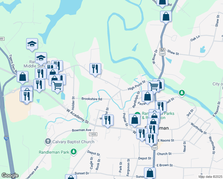 map of restaurants, bars, coffee shops, grocery stores, and more near 406 High Point Street in Randleman