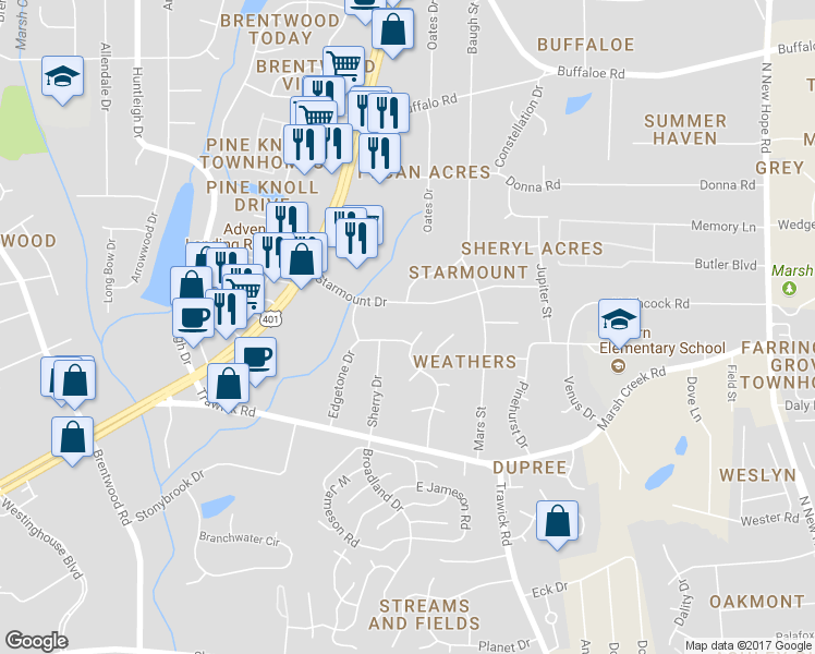 map of restaurants, bars, coffee shops, grocery stores, and more near 3226 Starmount Drive in Raleigh