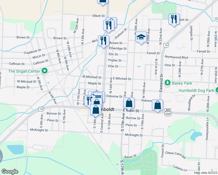 map of restaurants, bars, coffee shops, grocery stores, and more near 510 North Central Avenue in Humboldt